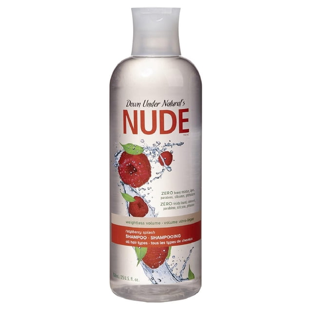 Down Under Naturals Shampoing Volumisant Léger Framboise Éclaboussée en Bouteille Transparente de 750 ml avec Bouchon Rabattable Blanc, avec Graphiques de Framboise et Éclaboussures d'Eau, Sans Résidus Lourds, Colorants, Parabènes, silicones et Phtalates, Convient à Tous les types de Cheveux et Offre un Volume Léger.