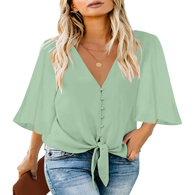 CHUANK Women‘s Button Down V Neck Tops Ruffled 3/4 Sleeve Tie Knot Front Blouses White Sizes S-2XL