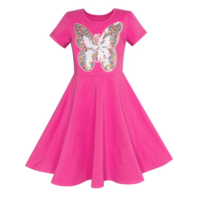 Girls Dress Deep Pink Butterfly Sequin Cotton Dress 5 Years