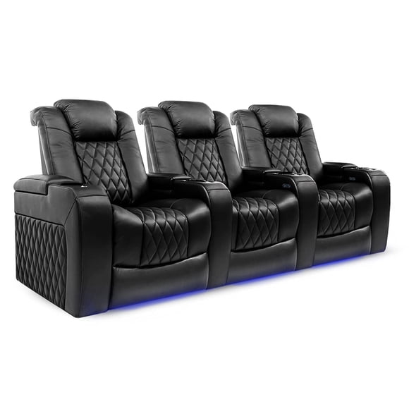VALENCIA THEATER SEATING Tuscany Home Theater Seating, Kids, Luxury, Premium Top Grain Italian Nappa 11000 Leather, Black, Power Reclining and Power Lumbar Support with LED Cup-Holders and Ambient Base Lighting, Row of 3