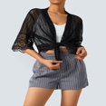 thumbnail image 4 of Women‘s See-through Smock Cardigan Short Sleeve Solid Color Lace Patchwork Shawl Sheer Bolero Cover Up Blouse, 4 of 6