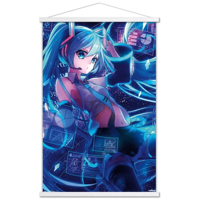 Hatsune Miku - Affiche Murale d'Écrans, 22,375 Po x 34 Po Représentant une Oeuvre Numérique de Style Anime d'Hatsune Miku avec de Longues Queues Jumelles turquoise, Portant un Haut Sans Manches Futuriste, une Cravate et des Manches de Bras, Entourée d'Écrans Holographiques Bleu Lumineux et de Graphiques de Données sur un Fond Sombre et Étoilé, Convient à la Décoration Murale de Chambre Ou de Bureau.