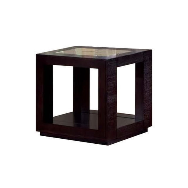 Monarch Specialties Cappuccino End Table with a square frame, thick panel legs, and a rectangular glass insert top in warm cappuccino veneer. It includes a lower shelf for storage, suitable for living room accent and side table use.
