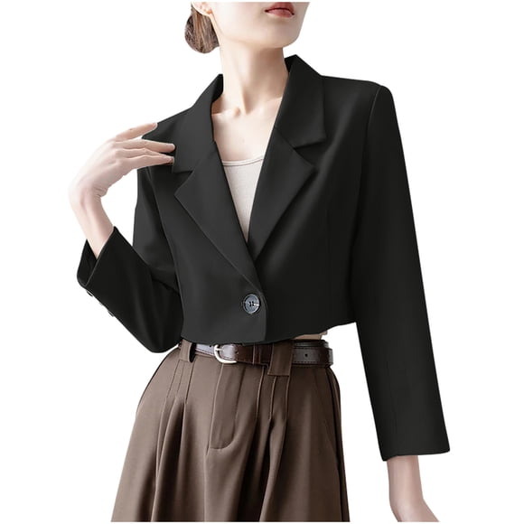 AherBiu Cropped Blazers for Women Lapel Collar One Button Slim Fitted Blouses Casual Trendy Business Work Office Suit Jackets
