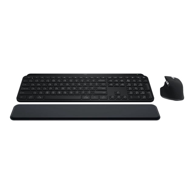 Logitech MX Keys S Combo, Black - wireless keyboard and mouse set with Bluetooth LE connectivity. The backlit keyboard features spherically-dished keys for fluid typing, while the ergonomic mouse offers MagSpeed scrolling and an 8K DPI optical sensor for precision tracking, even on glass. Includes a wrist rest and USB-C charging cable.
