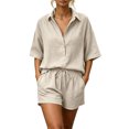 thumbnail image 3 of Cutuo Two Piece Sets for Women Summer Matching Sets, Solid Color Collared V Neck Short Sleeve Button Down Shirt Top and Drawstring Waist Shorts Casual Outfits, 3 of 9