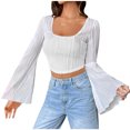 thumbnail image 1 of FAIWAD Women's Ruched Textured Crop Tops Bell Long Sleeve Square Neck Asymmetrical Streetwear Pullover Tops, 1 of 9