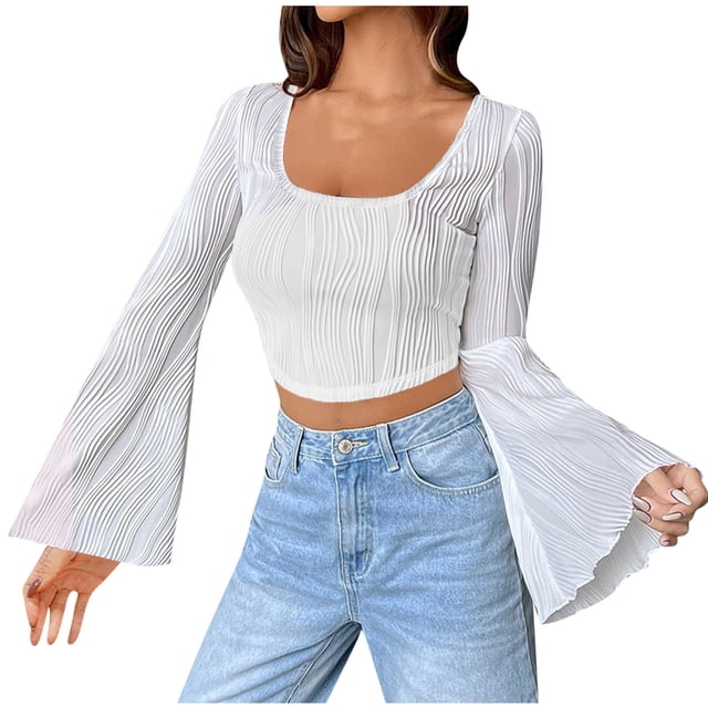 FAIWAD Women's Ruched Textured Crop Tops Bell Long Sleeve Square Neck Asymmetrical Streetwear Pullover Tops