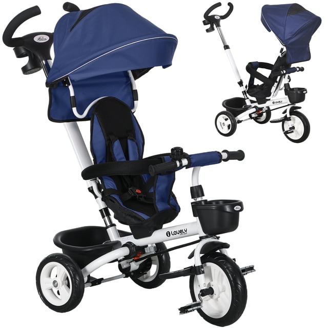 Qaba Tricycle 6 en 1 pour Tout-Petit avec Poignée de Poussée pour Parent en Bleu Foncé et Blanc. Comprend un Siège pour Bébé Rotatif, des Roues en EVA, un Soutien Dorsal Haut, un Garde-Corps de Sécurité Entouré de Mousse et un Harnais de Sécurité à 5 Points. Comprend une Poignée de Poussée Réglable, un Auvent Amovible anti-UV et des options de Rangement comme un Bac Arrière, un Porte-Gobelet et un Panier avant. Convient aux Tout-Petits de 1 à 5 Ans, avec une Charge Maximale de 55 Lb (25 kg