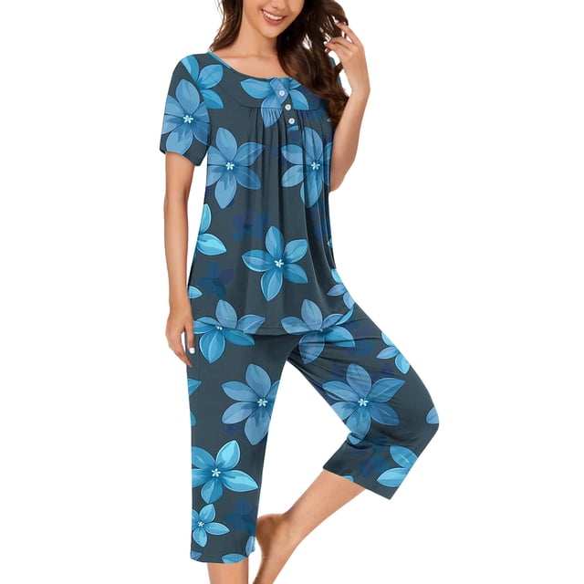 FAFWYP Ensembles de Pyjama 2 Pcs pour Femmes, Ensembles de Pyjama à Imprimé Floral, Tenue de Nuit Douce, Hauts à Manches Courtes à Col Ras du Cou et Pantalons Capri, Ensembles de Détente, P-3TG