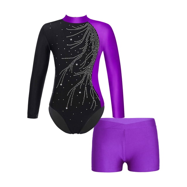 renvena Girls Gymnastics Leotards and Shorts Set Rhinestone Long Sleeve Ballet Unitard Biketards Purple 8