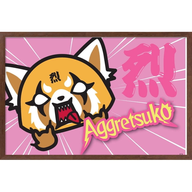 Aggretsuko - Horns Wall Poster, 14.725" x 22.375", a framed wall poster featuring the animated red panda Aggretsuko with an open mouth and tongue out, making a rock hand gesture, set on a pink background with white burst lines and bold pink Japanese kanji, suitable for decorating bedrooms, offices, or dorm rooms.