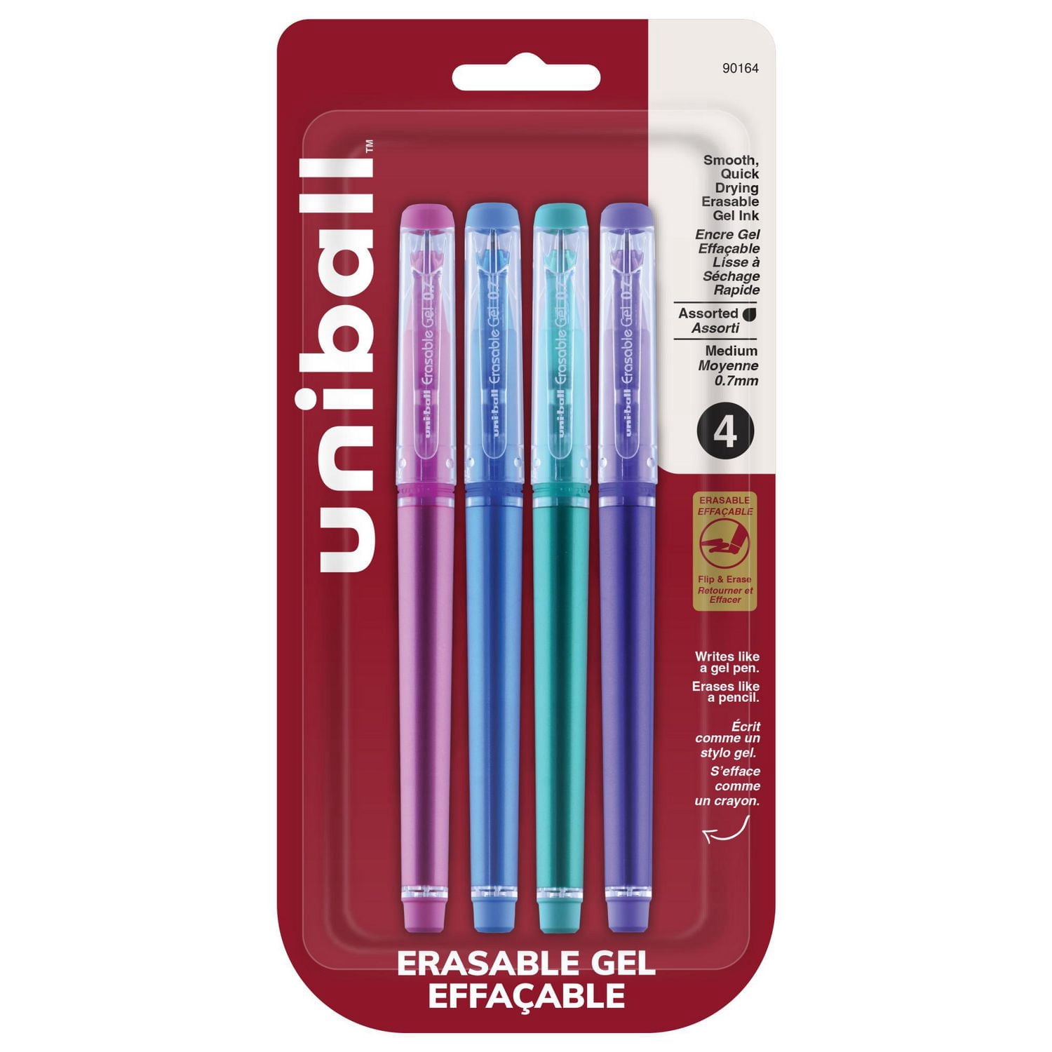 uniball™ Erasable Gel Pens, Medium Point (0.7mm), Fashion Colours, 4 Pack