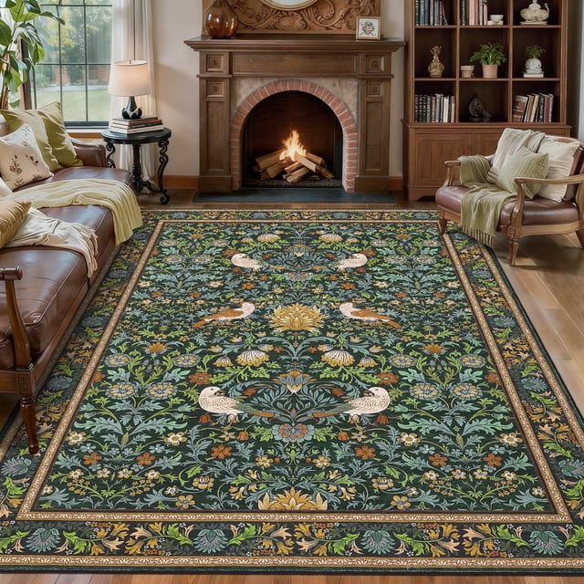 Garvee 5'x7' Floral Animal Print Area Rug Washable Rugs, Low Pile Stain Resistant Rug Botanical Bird Soft Carpet for Living Room Bedroom Dining Room, Green