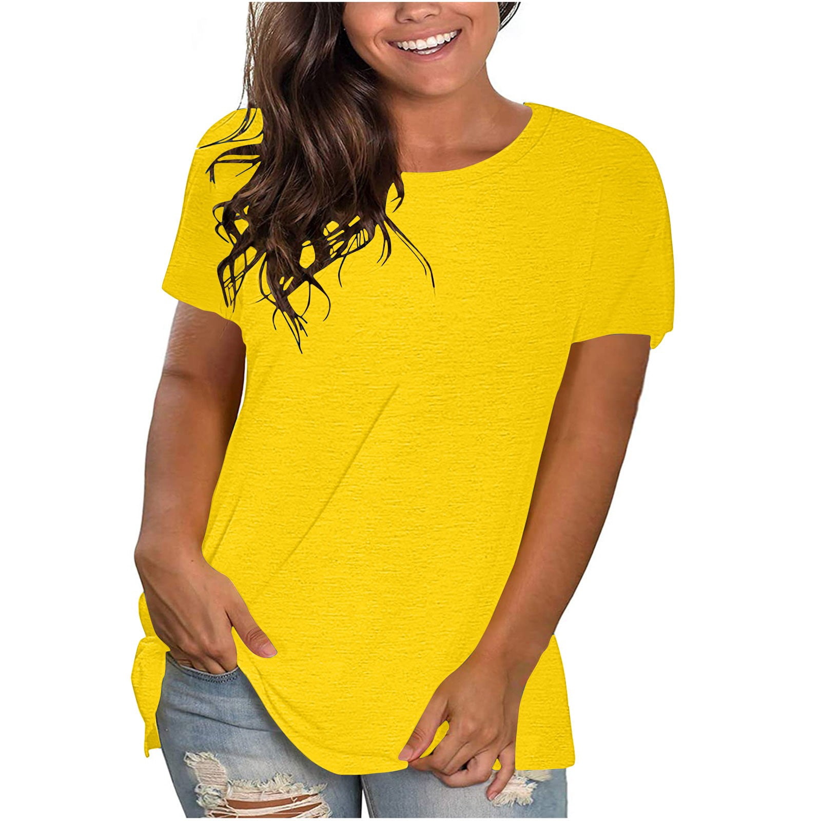 cfhntfmh Hauts Grande Taille pour Femmes Col Rond Manches Courtes T-Shirts d'Été Couleur Unie Amples Basiques Tees