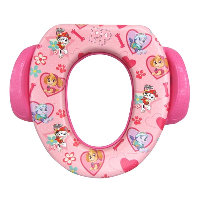 Nickelodeon Paw Patrol Soft Potty Seat in pink featuring Skye and Everest characters with hearts, paw prints, and bones pattern, equipped with patented easy grip handles, fits most regular and elongated toilets, BPA and phthalate-free for safe potty training.