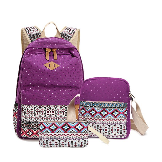 QualitChoice 3 Pieces Canvas Backpack Shoulder Organizer Set Large Capacity for Zipper Ethnic Style School Bags Causal Adjustable Travel Bag Purple