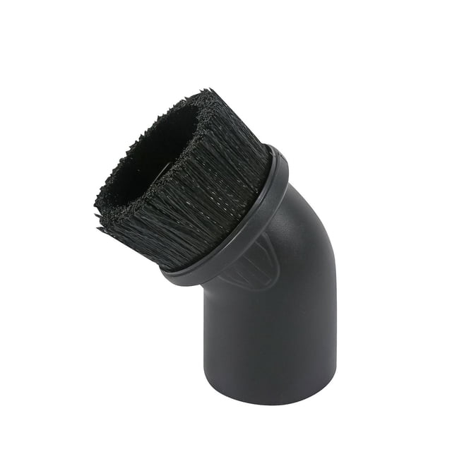 Stealth ST08-2401 round brush attachment 2-1/2 inch with black synthetic bristles and angled matte black plastic base, designed for delicate surfaces like curtains, upholstery, and blinds, compatible with most wet and dry vacuums with 1-7/8 inch hose.