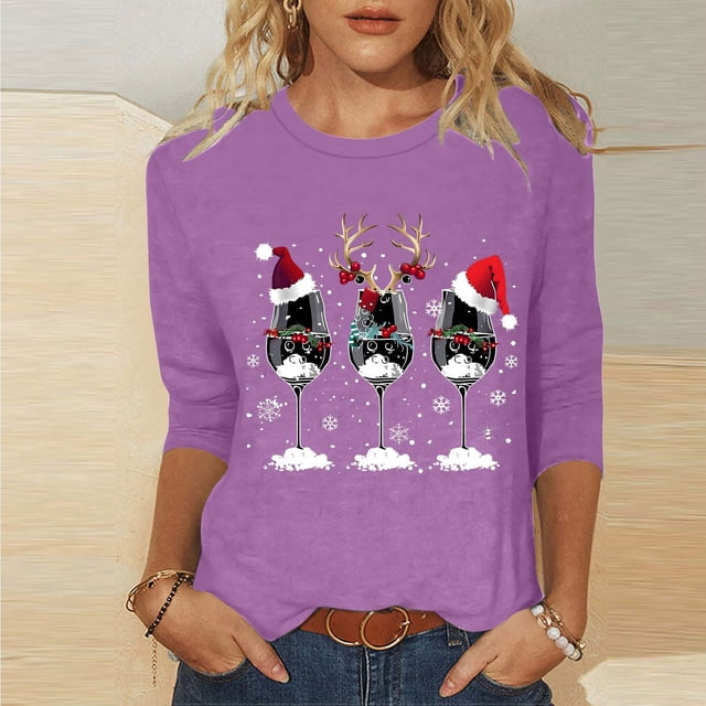 Amzcrzy Hauts pour Femmes T-Shirts Graphiques de Noël pour Femmes Mode Xmas Col Rond Manches 3/4 Hauts pour Femmes Décontractés Confortables Hauts d'Automne pour Femmes