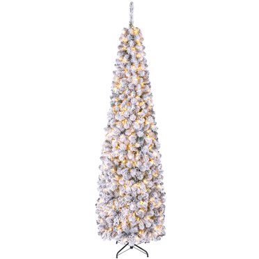 Costway 7.5 FT Pre-Lit Flocked Pencil Christmas Tree Hinged White