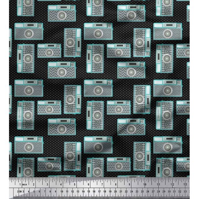 Soimoi Black polyester Crepe Fabric Camera & Dots Print Sewing Fabric Yard 42 Inch Wide