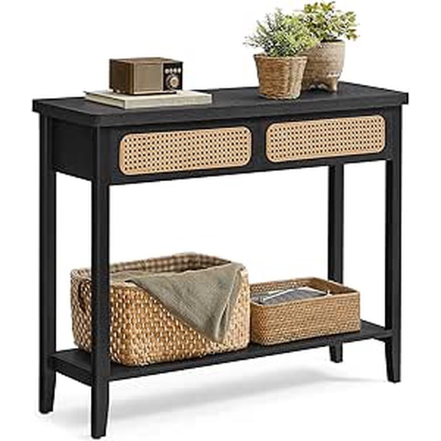 VASAGLE Console Table, a boho entryway table in ash black with textured PVC rattan drawer fronts, two large drawers, and an open storage shelf. Made of MDF, particleboard, and plastic, it measures 11.8 inches deep, 39.4 inches wide, and 31.5 inches high. Ideal as a sofa table or entry table for living rooms or hallways.