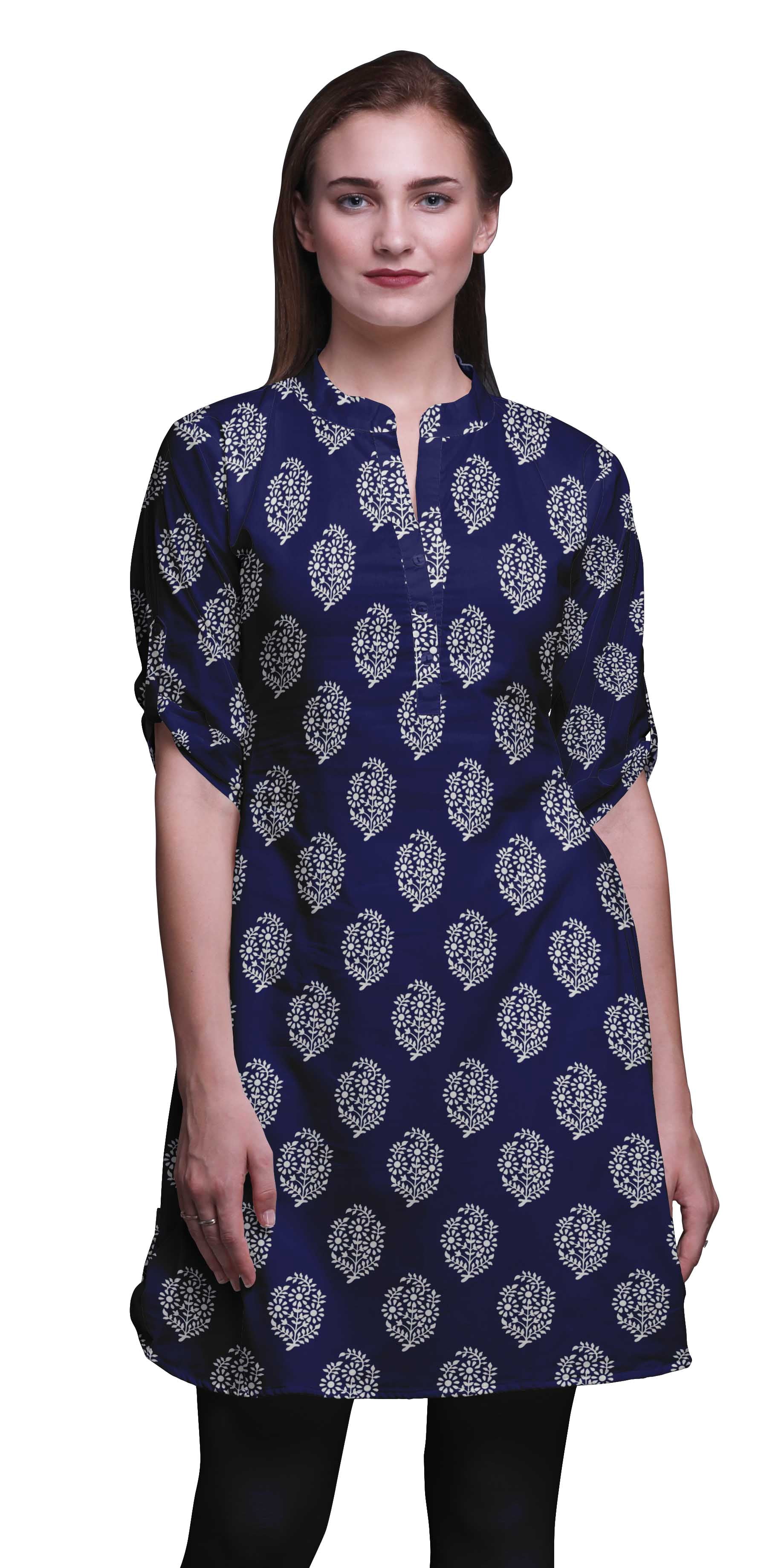 Bimba Roll Up Sleeve Kurti For Women Printed Mandarin Collar Short Kurti Tops