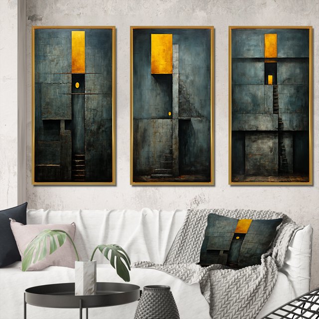 Designart "Vintage Wisdom Minimal Orange" Modern Geometric Framed Wall Art Set Of 3 - Gold Abstract Geometric Frame Gallery Wall Set For Home Decor