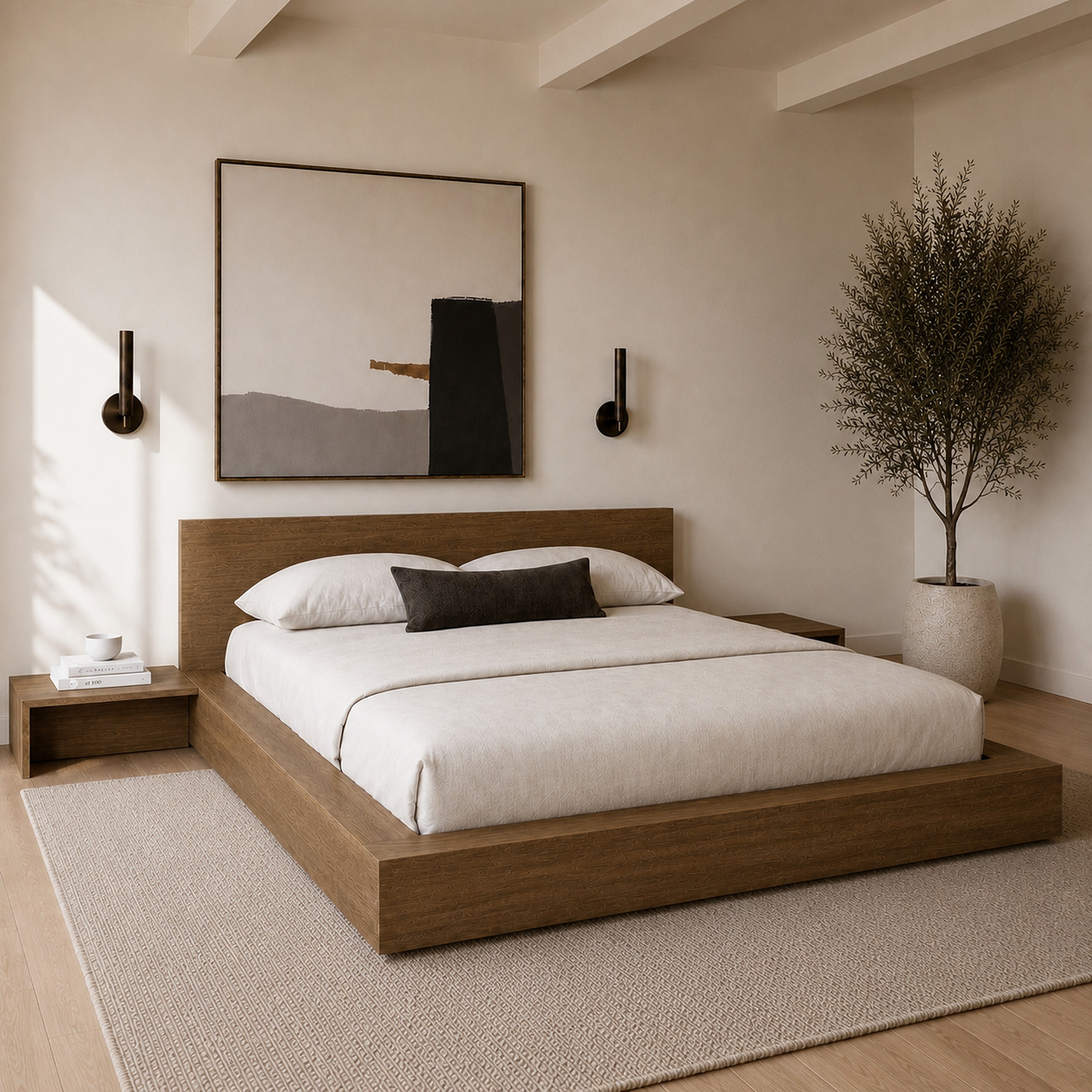 Ensemble de chambre à coucher Nexera Kanso 4 pièces avec lit queen size et plateforme basse, Chêne brun