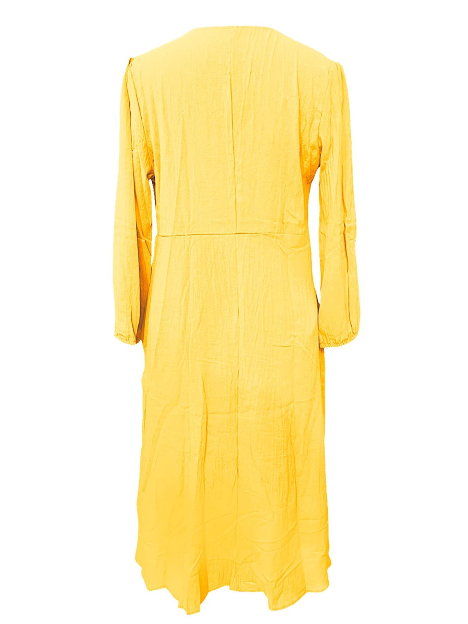 Sexy Dance Robe Longue pour Femmes, Décor de Boutons, Robes Maxi, Col en V, Plissée, Manches Longues, Jaune Pâle, 3TG