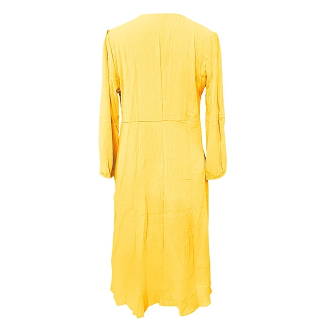 Sexy Dance Robe Longue pour Femmes, Décor de Boutons, Robes Maxi, Col en V, Plissée, Manches Longues, Jaune Pâle, S