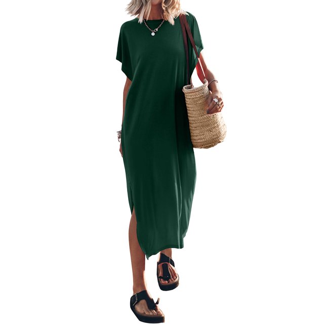 Kmbangi Robes Longues Noires pour Femmes pour l'Été 2023, Manches Chauve-Souris Courtes Col Rond Fendu Robe de Plage Décontractée