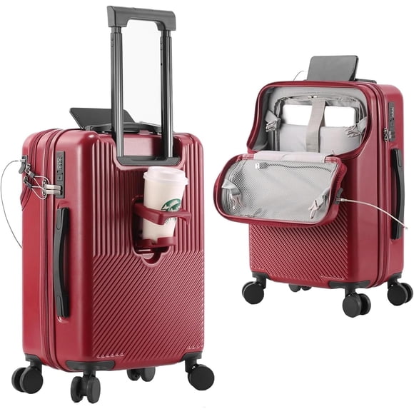20 Inch Carry On Luggage, Front Pocket Carryon Suitcase with Phone Holder & Cup Holder, Hardshell Luggage with Double TSA Lock, USB Port (Red)