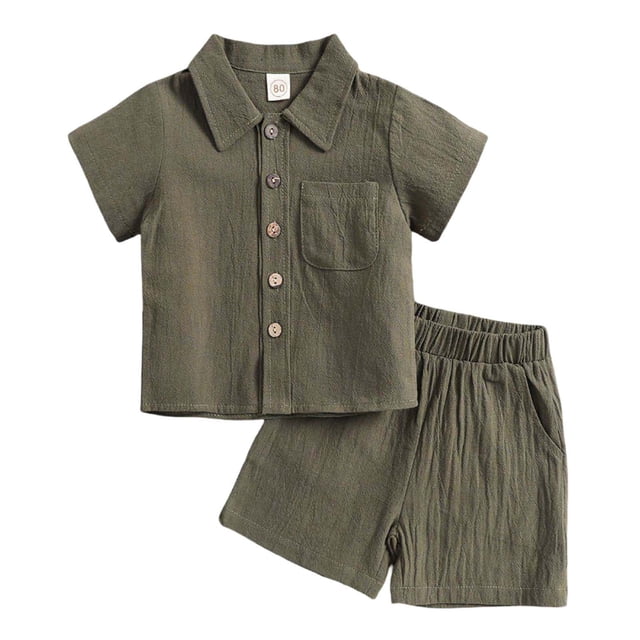 Hiiyo Boys Summer Outfits Cotton Linen Short Sleeve Button Shirt Shorts Set, Sizes 1-12