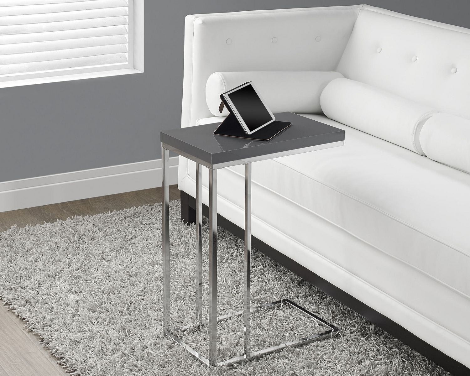 Monarch Specialties Accent Table, C-shaped, End, Side, Snack, Living Room, Bedroom, Metal, Laminate, Grey, Chrome, Contemporary, Modern