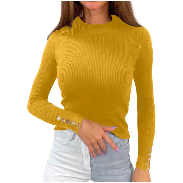 Pisexur Chandail Col Roulé pour Femmes Couleur Unie Pulls Courts pour Femmes Tunique Tricot pour Femmes Décontracté Manches Longues Pulls d'Automne Chandail Col Rond Hauts