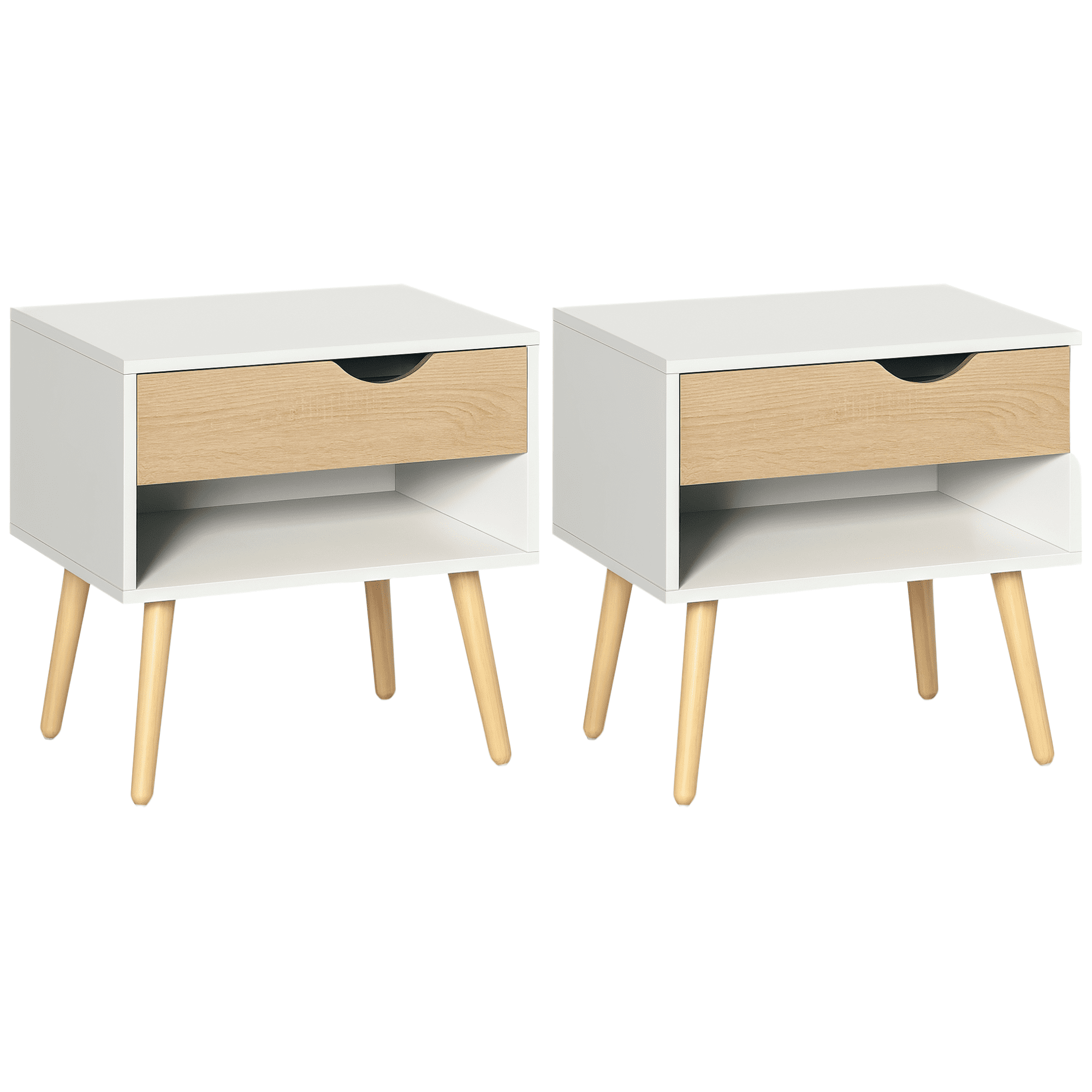 CoSoTower Set of 2 Bedside Table with Drawer and Shelf, Modern Nightstand with Wooden Legs, End Table for Bedroom, White