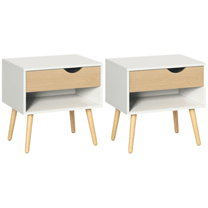 CoSoTower Set of 2 Bedside Table with Drawer and Shelf, Modern Nightstand with Wooden Legs, End Table for Bedroom, White