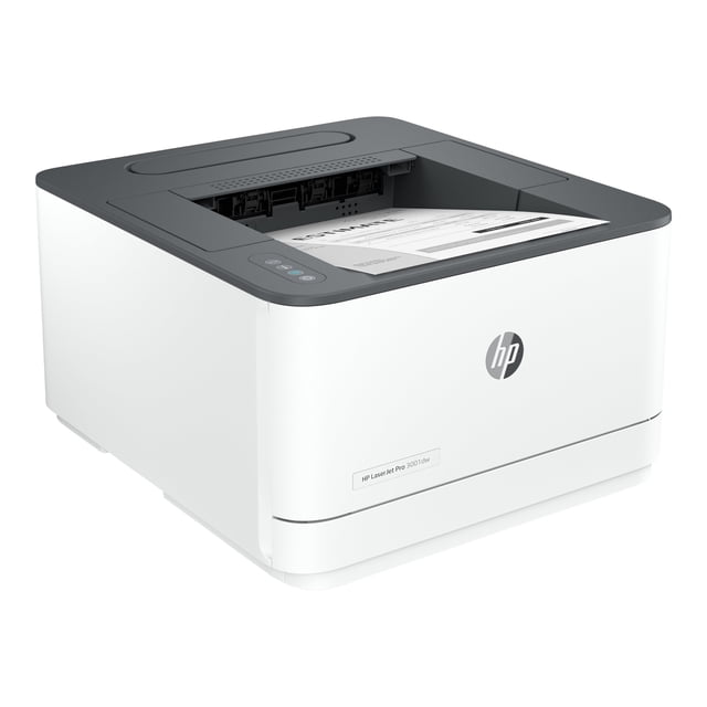 HP LaserJet Pro 3001dw Imprimante Sans Fil Monochrome Présentée sous un angle avant 3/4 avec un Corps Blanc et un Panneau Supérieur Mat Gris Foncé, Présentant une page Imprimée dans le Plateau de Sortie, des Boutons de Commande Tactiles sur la Gauche et le logo HP à l'Avant, Convient à l'Impression Sans Fil pour Petit Bureau et à une Gestion Efficace des Documents Recto Verso.