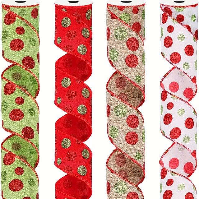 TopLLC 4 Pcs Christmas Ribbon Wired, 5 yards of 2.5-inch burlap ribbon with red and green polka dots and glitter accents. Includes four festive designs with sewn wire edges for shaping, perfect for crafts, holiday embellishments, gift wrapping, bows, wreaths, and Christmas decorations.
