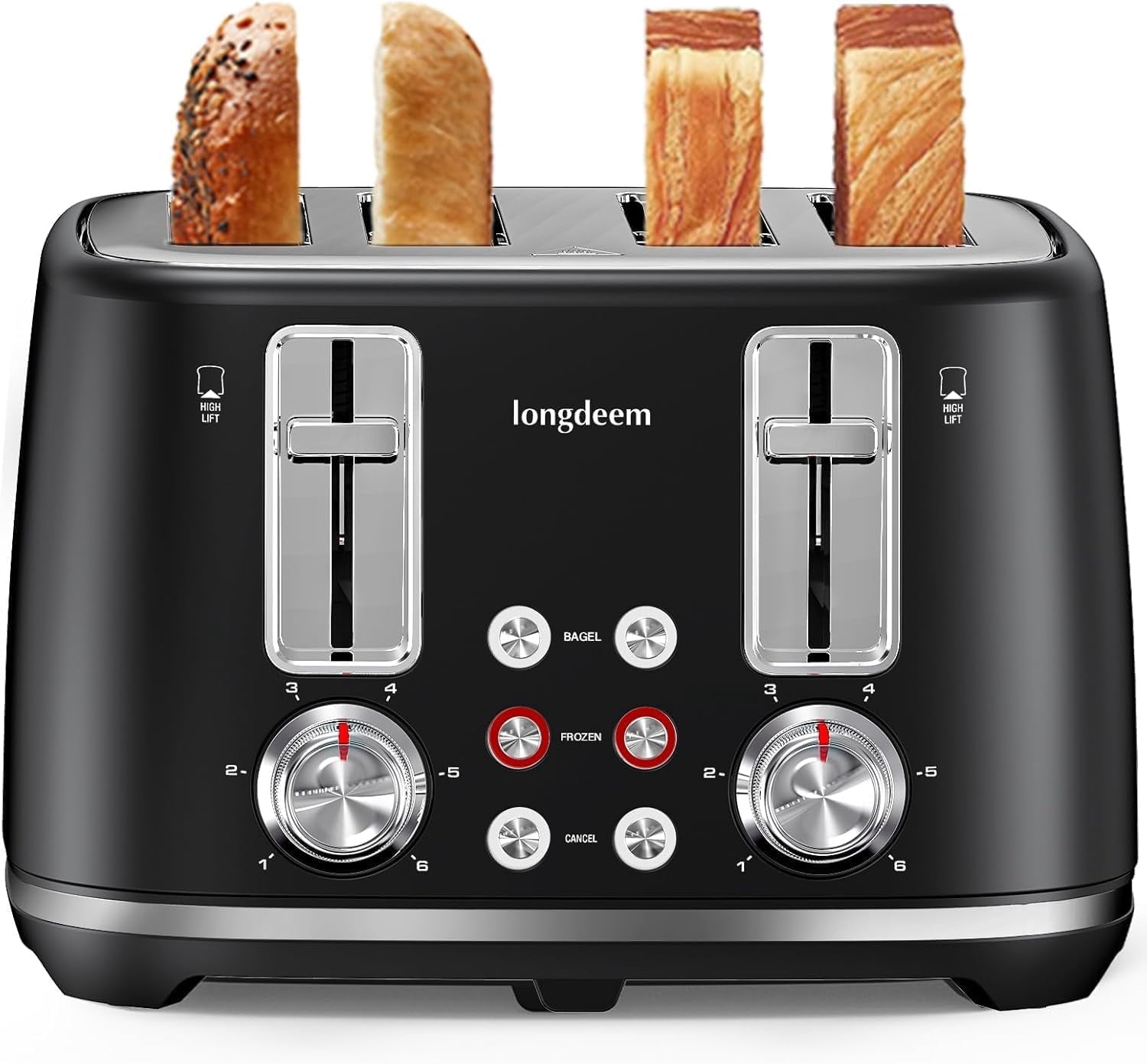 LONGDEEM 4 Slice Toaster, 6 Browning Options, Wide Slots, High Lift Lever, Dual Controls, Black