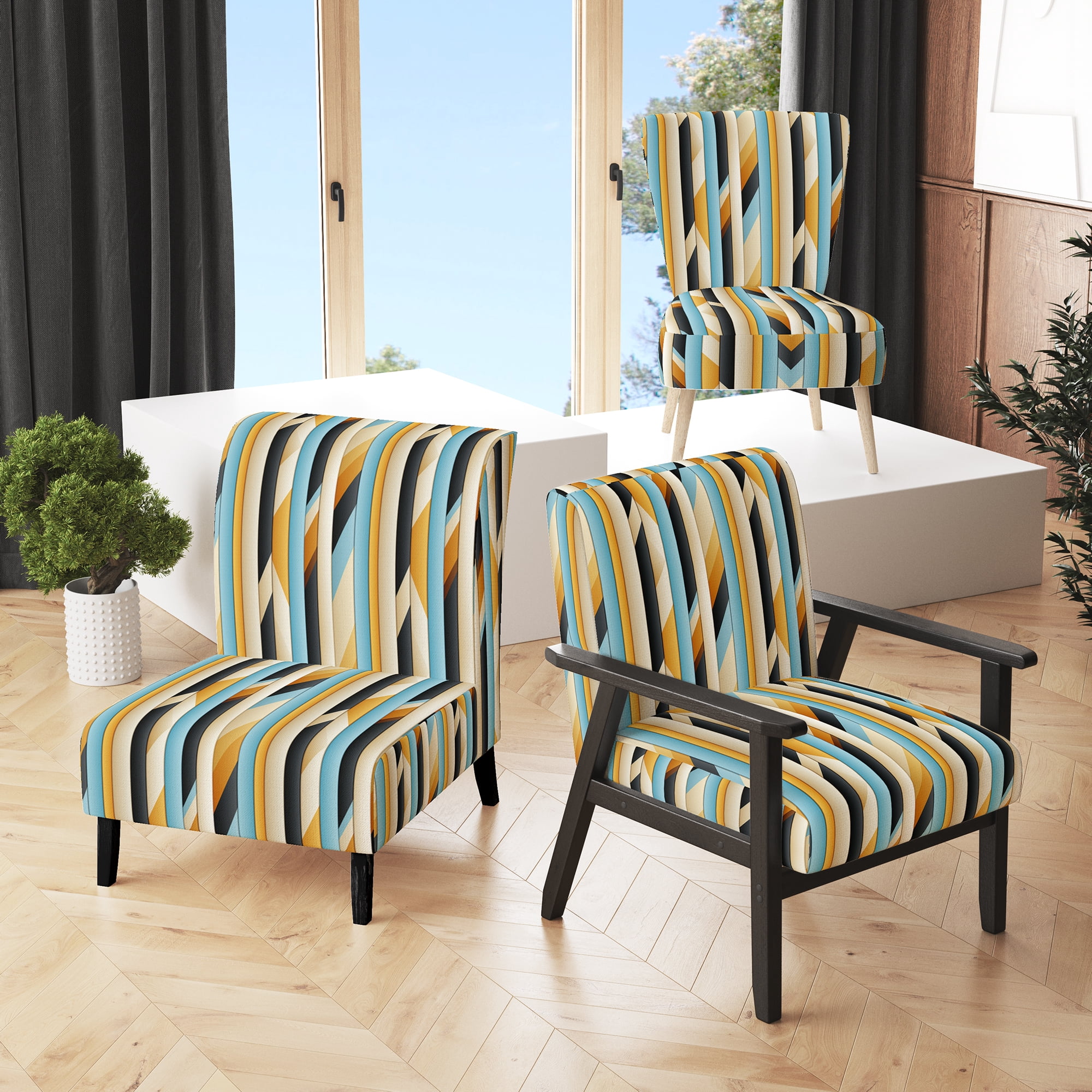 Designart "Chic Urban Stripes II" Yellow Striped Upholstered Accent Chair - Modern Arm Chair For Living Room