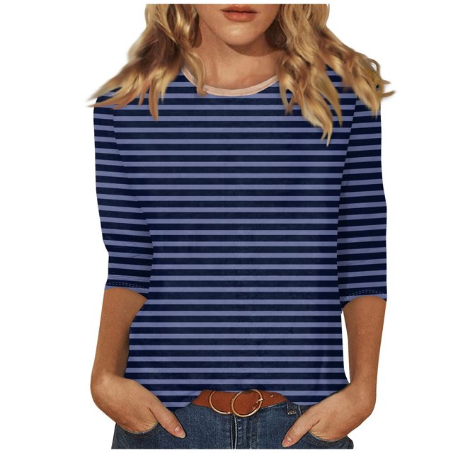 Blouses pour Femmes Mode Blouses à Rayures Imprimées pour Femmes T-Shirt à Manches Trois-Quarts Haut à Col Rond