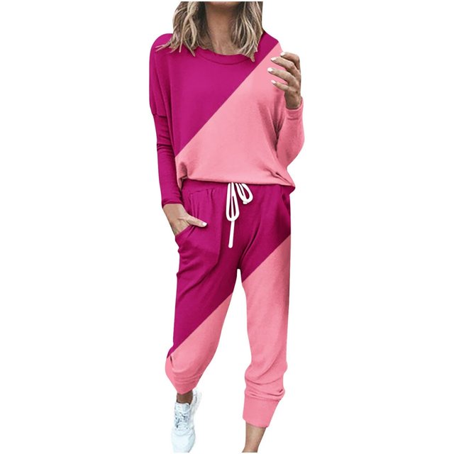 CHOK Womens Sport Set Long Sleeve Patchwork Color with Loose Cozy Petite Sweatpant Trendy Fall Winter Suits (X-Large Pink)