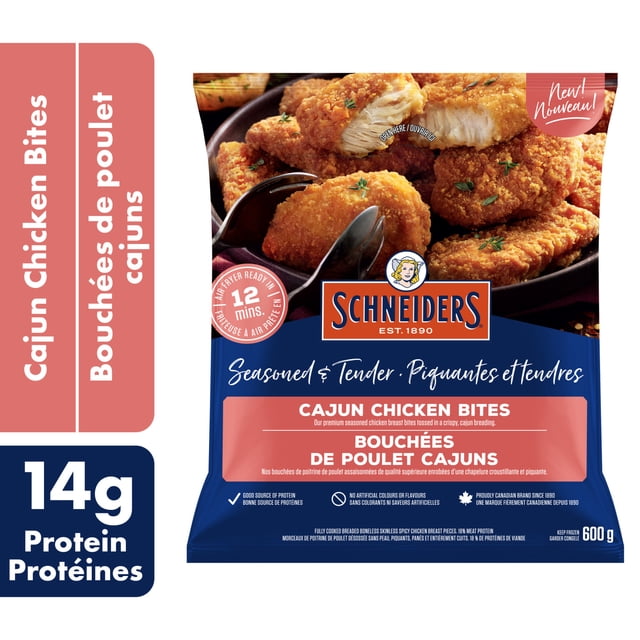 Schneiders Cajun Chicken Bites package showing fully cooked, crispy breaded boneless skinless chicken breast bites seasoned with Cajun spices, containing 14g protein per serving and air fryer ready in 12 minutes, with bilingual English and French text.