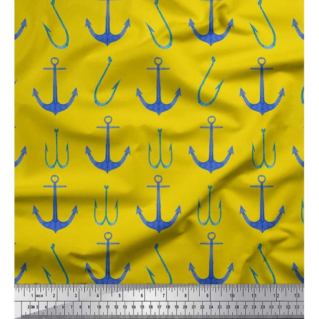 Soimoi Yellow Velvet Fabric Anchor Hook Nautical Decor Fabric Printed Yard 58 Inch Wide