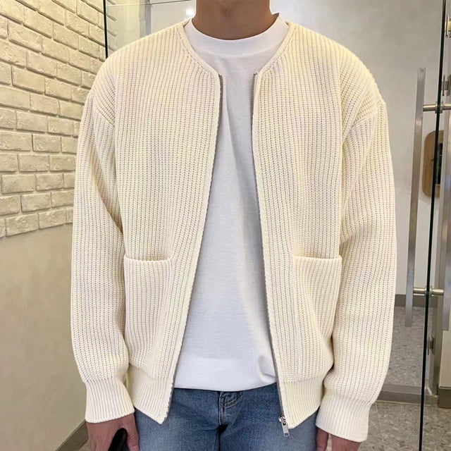 RXIRUCGD Cardigan en Velours Paon pour Hommes, Col Rond, Fermeture Éclair, Beige, Taille : 2TG