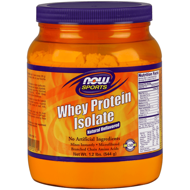 NOW Foods Whey Protein Isolate Unflavoured in a 1.2 lb (544 g) orange container with a purple lid. The label highlights features such as no artificial ingredients, microfiltered, and branch chain amino acids. The product is natural, unflavoured, and mixes instantly. Nutrition facts are displayed on the side.