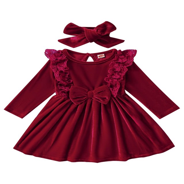 Bébé bébé Filles Noël Velours Robe Tenue Volant Princesse Partie Tutu Bowknot Robe Vin Rouge 3-6 Mois