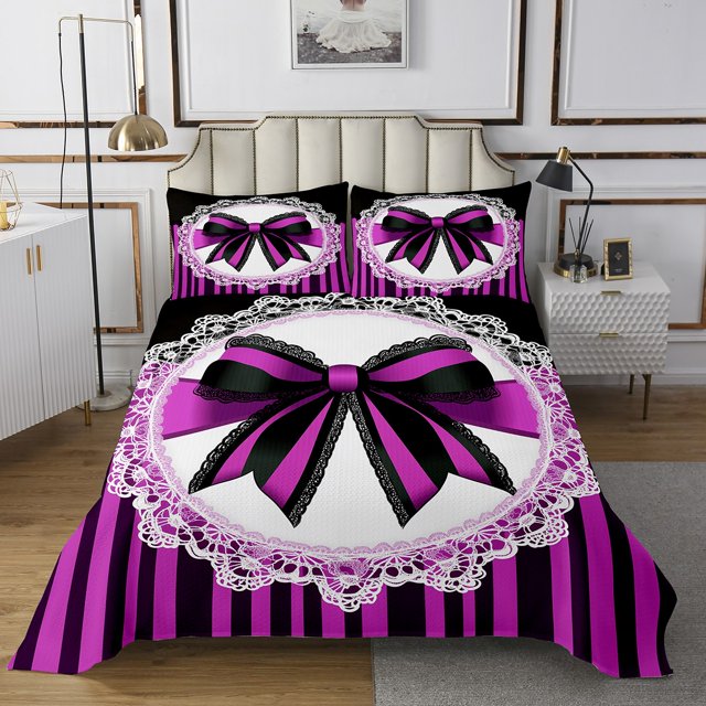 Erosebridal Purple Bow Tie Coverlet Set King, Abstract Geomrtry Bedding Set, Princess Style Decor